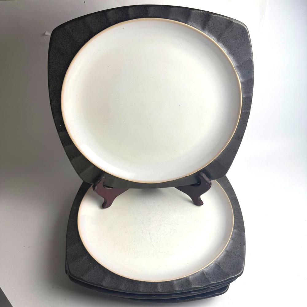 Sango Contrast Charcoal 4705‎ Dinner Plates Set of 4 Square Scalloped Stoneware